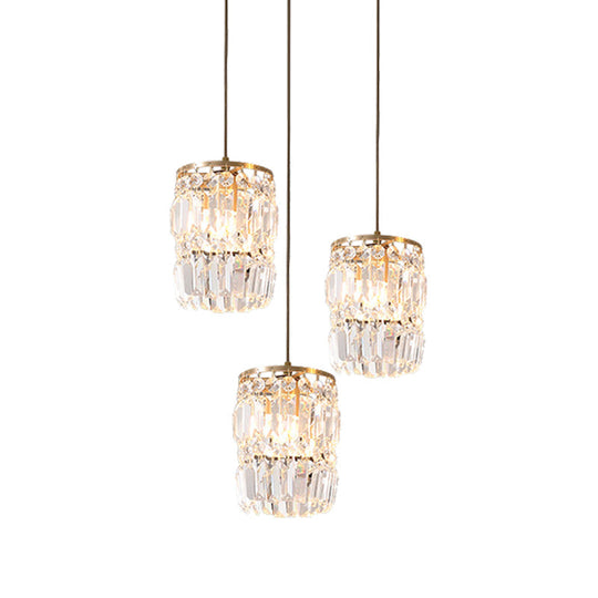 Modern Cylinder Crystal Hanging Light With Brass Finish - 3-Bulb Pendant Lamp Fixture