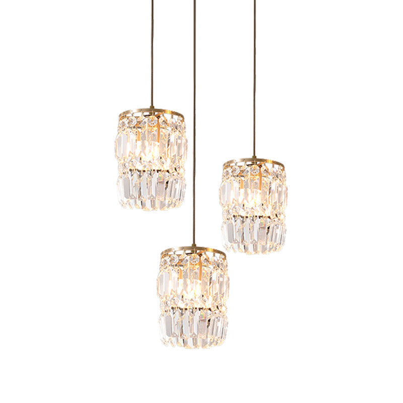 Modern Crystal Pendant Lamp With 3-Bulb Brass Finish Hanging Light Fixture And Linear/Round Canopy