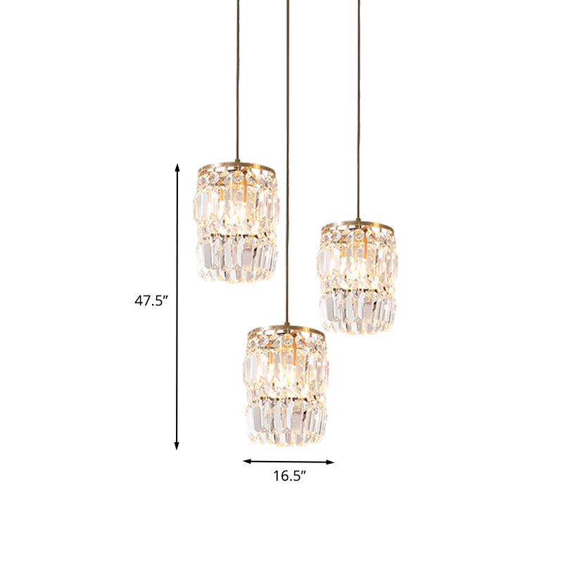 Modern Cylinder Crystal Hanging Light With Brass Finish - 3-Bulb Pendant Lamp Fixture