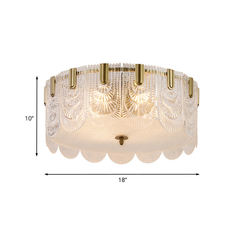 Traditional Drum Flushmount Prism Glass 6-Light Bedroom Ceiling Fixture In Brass