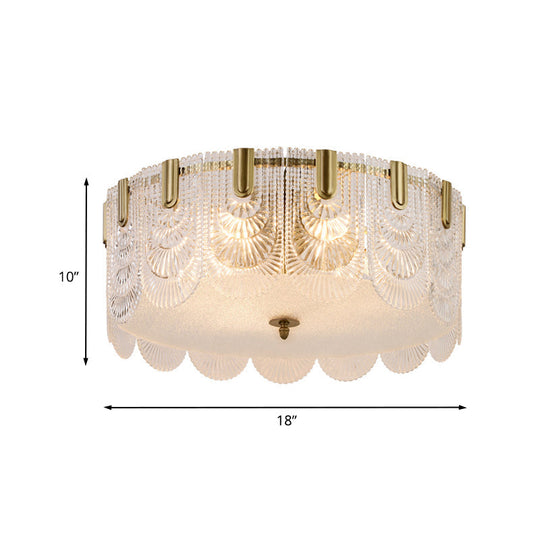 Traditional Drum Flushmount Prism Glass 6-Light Bedroom Ceiling Fixture In Brass