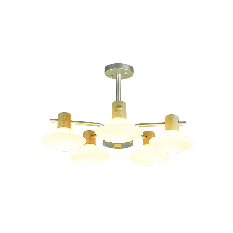 Modern Mushroom Semi Flush Ceiling Lamp With Opal Frosted Glass Wood Finish - 5/6 Head For Bedroom