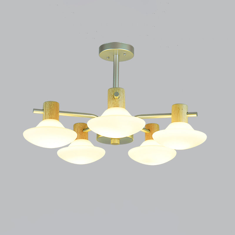 Modern Mushroom Semi Flush Ceiling Lamp With Opal Frosted Glass Wood Finish - 5/6 Head For Bedroom
