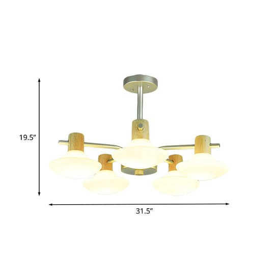 Modern Mushroom Semi Flush Ceiling Lamp With Opal Frosted Glass Wood Finish - 5/6 Head For Bedroom