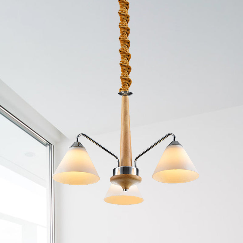 Modern Chrome And Wood Conical Chandelier With Frosted Glass - 3/5 Lights 3 /