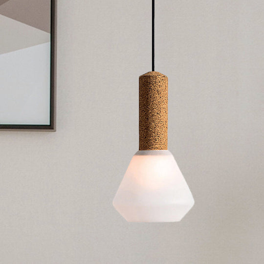 Modernist Pendant Light With Wood Diamond Design And Textured White/Smoke Gray Glass Shade