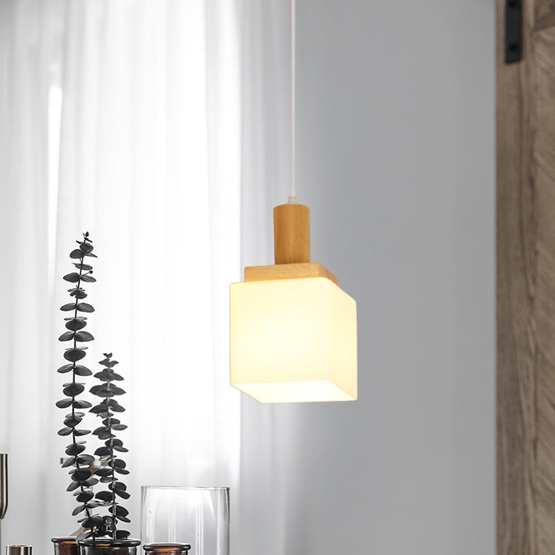 Modern Cube Cream Glass Pendant Light For Foyer - Wood Ceiling Lamp