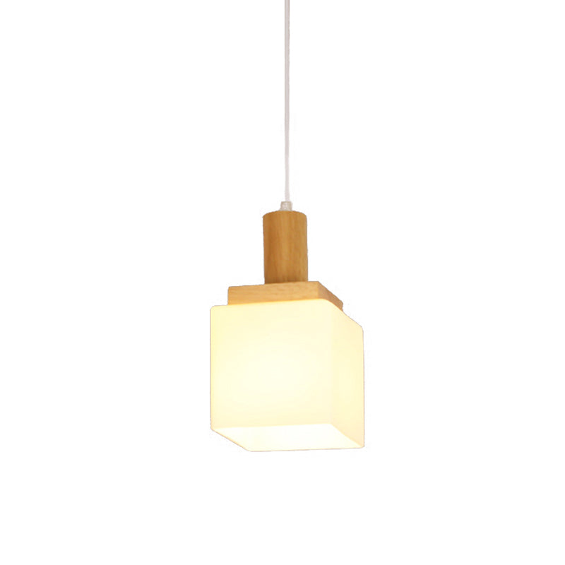 Modern Cube Cream Glass Pendant Light For Foyer - Wood Ceiling Lamp