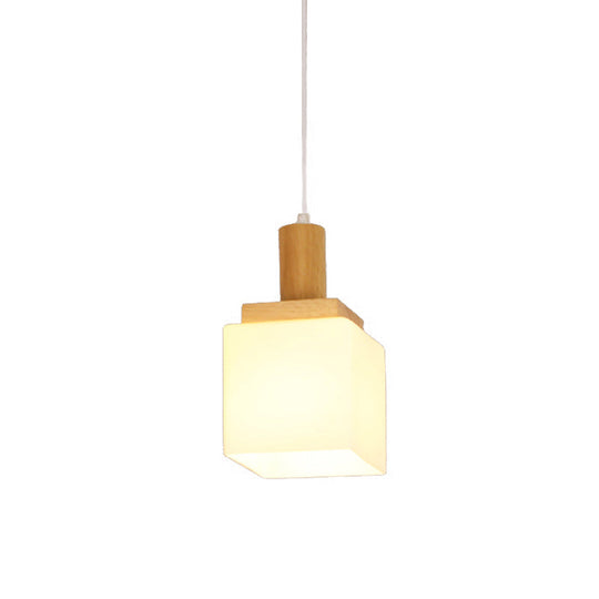 Modern Cube Cream Glass Pendant Light For Foyer - Wood Ceiling Lamp