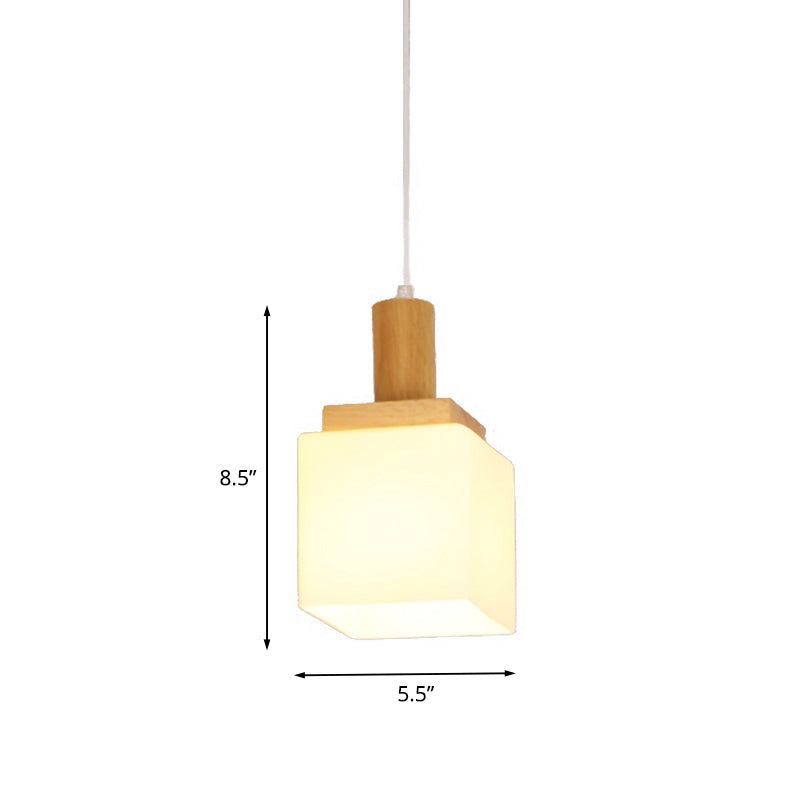 Modern Cube Cream Glass Pendant Light For Foyer - Wood Ceiling Lamp