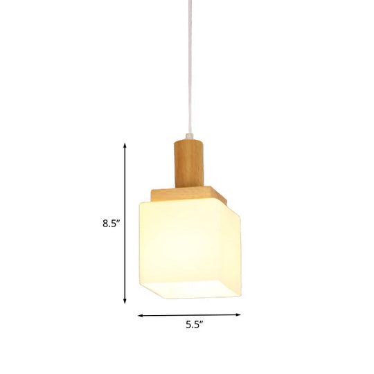 Modern Cube Cream Glass Pendant Light For Foyer - Wood Ceiling Lamp