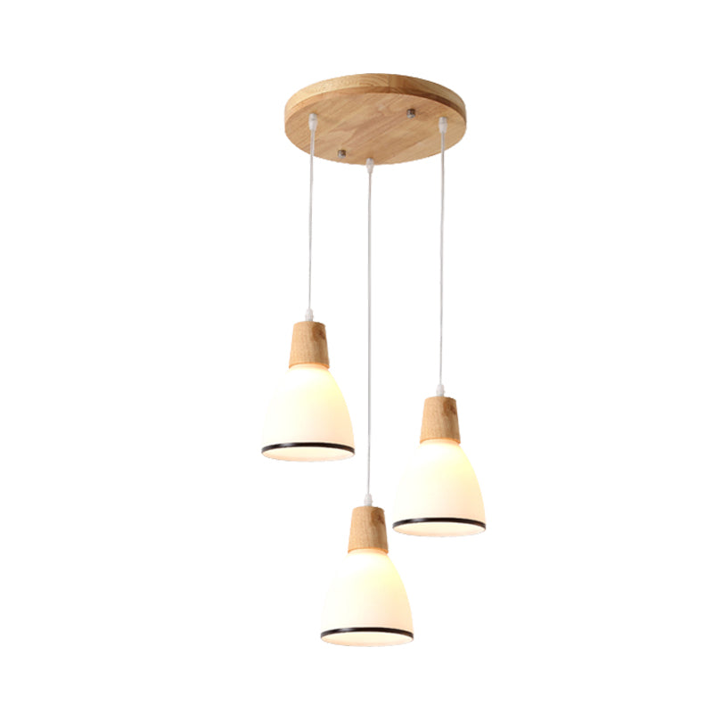 Japanese Style Wooden Bell Pendant Lamp With 3 White Glass Lights - Ceiling Suspension For Table