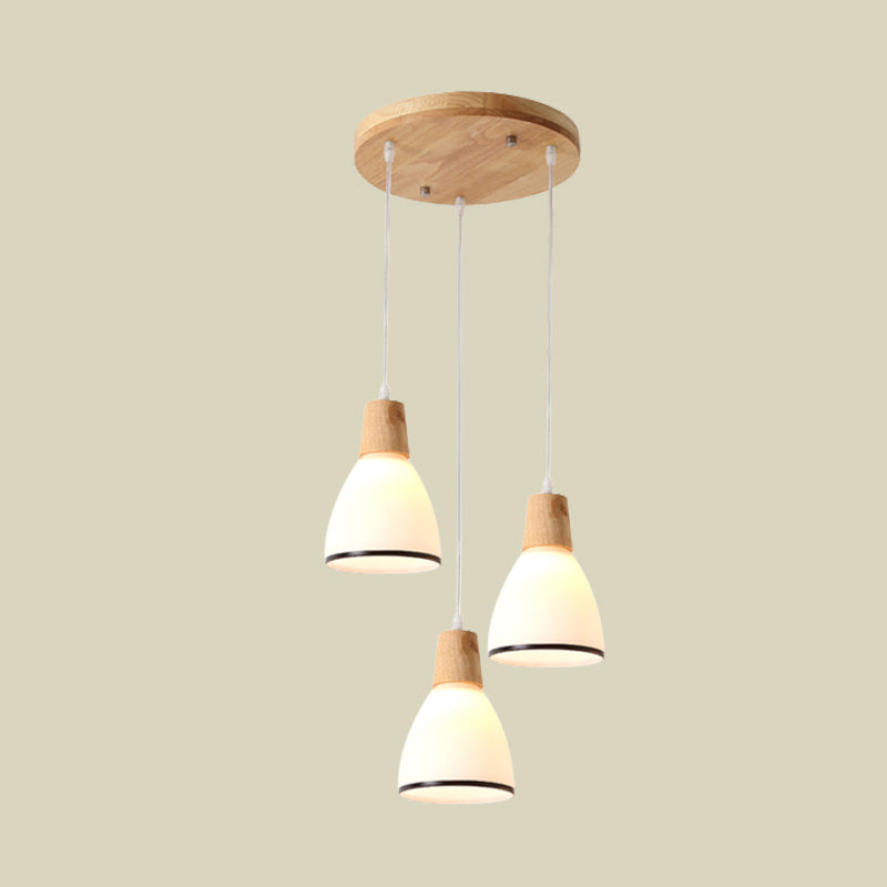 Japanese Wood Bell 3-Head Pendant Lamp With White Glass Suspension - Perfect For Over Table Lighting