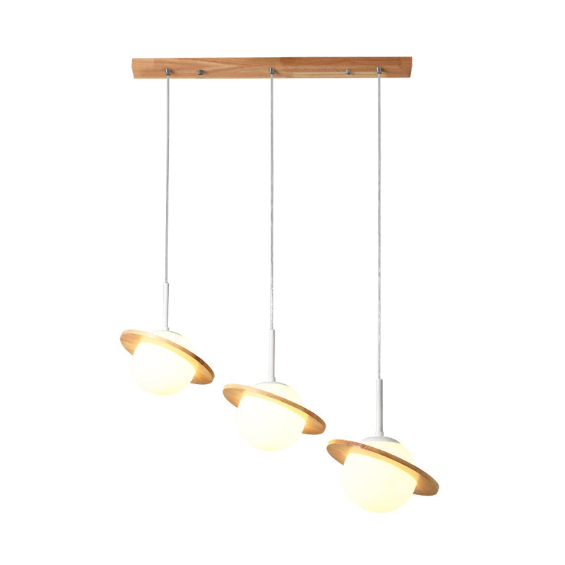 Opal Glass Globe Pendant Light With Wood Detail - 3 Heads For Contemporary Dining Room Ceiling
