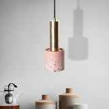 Nordic Terrazzo 1-Light Hanging Cylinder Ceiling Lamp - White/Black/Pink With Tube Gold Accent Pink