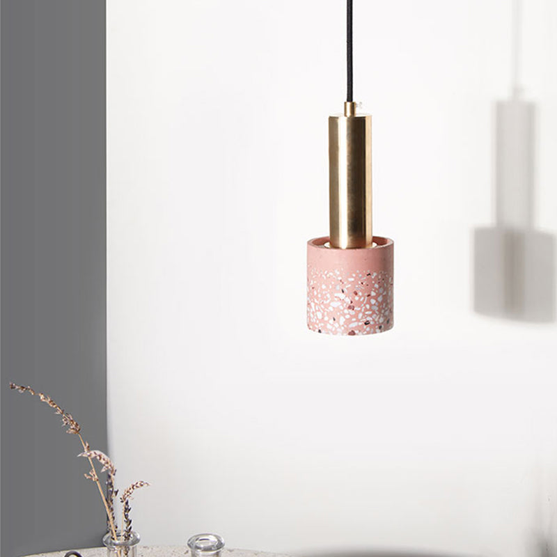 Nordic Terrazzo 1-Light Hanging Cylinder Ceiling Lamp - White/Black/Pink With Tube Gold Accent