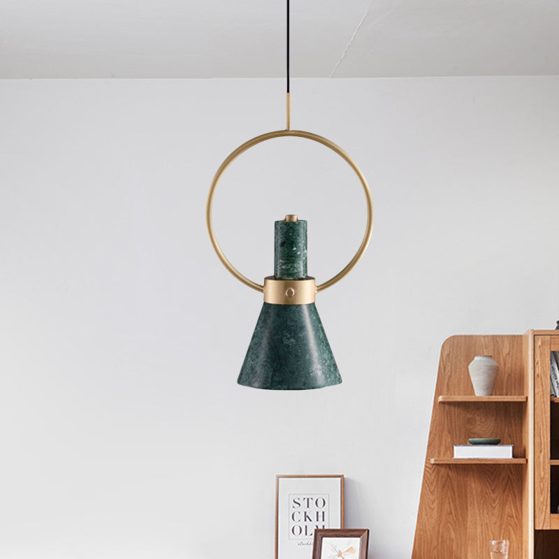 Green Marble Flared Pendant Light With Gold Ring - Nordic Style Ceiling Lamp (1 Bulb)
