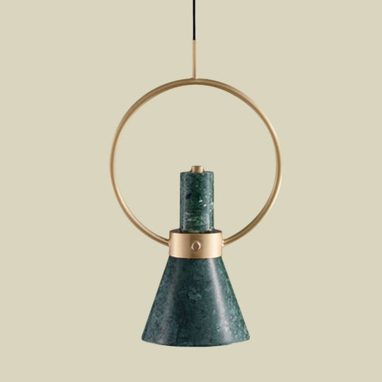 Green Marble Flared Pendant Light With Gold Ring - Nordic Style Ceiling Lamp (1 Bulb)