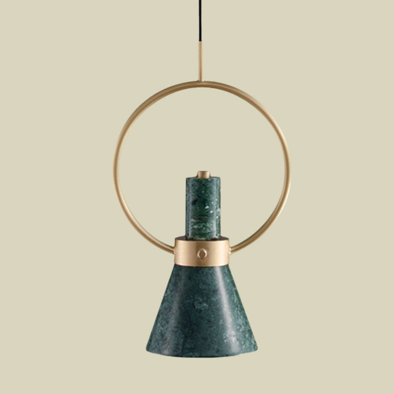 Nordic Green Marble Flared Pendant Light With Gold Ring - 1 Bulb Hanging Ceiling Lamp