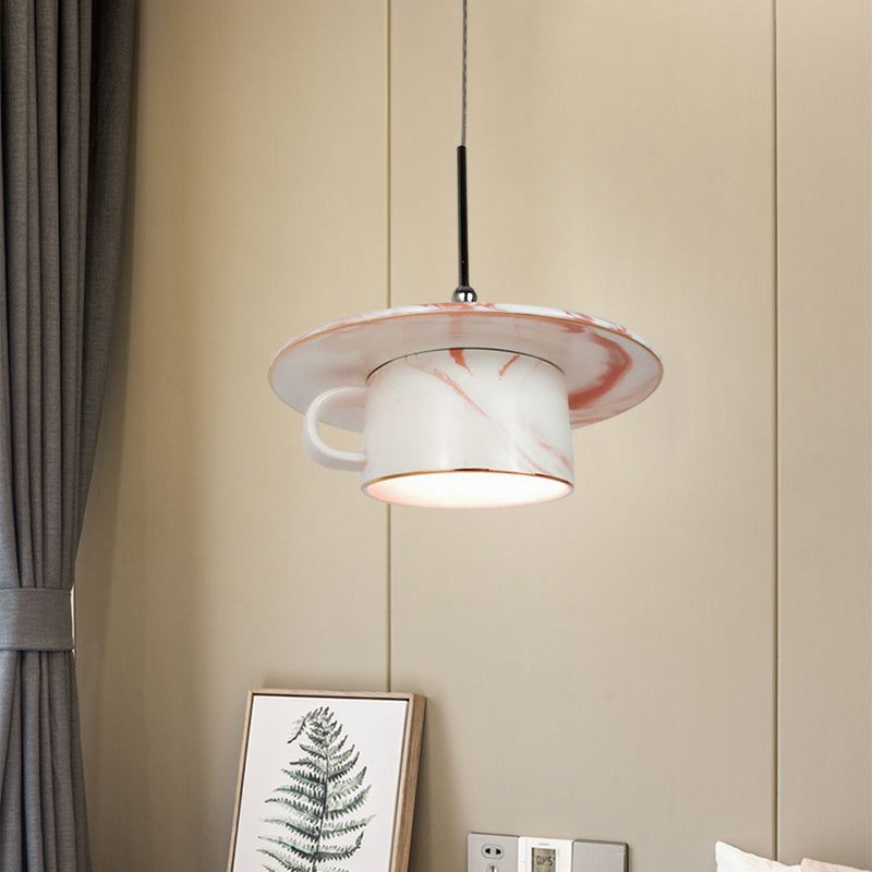 Nordic Pink Coffee Cup Pendant Ceiling Light - Elegant 1-Bulb Led Suspension Lamp For Restaurants