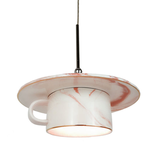 Nordic Pink Coffee Cup Pendant Ceiling Light - Stylish 1-Bulb Led Suspension Lamp For Restaurants