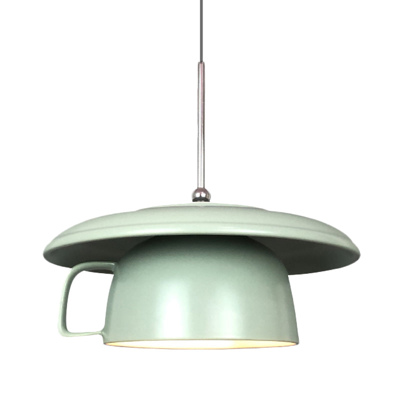 Green Finish Macaron Coffee-Cup Pendant Light: 1-Head Ceramic Led Ceiling Lamp