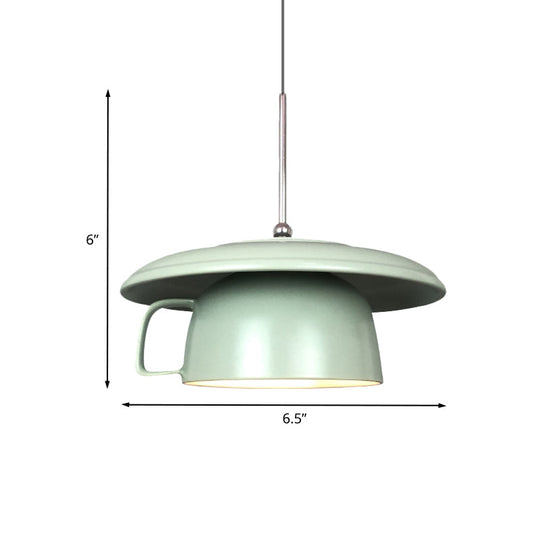 Green Finish Macaron Ceramic Led Pendant Light With Coffee-Cup Design - Hanging Ceiling Lamp