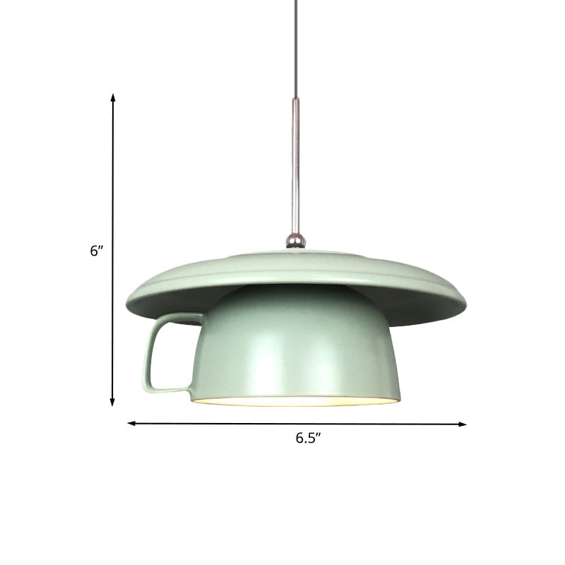 Green Finish Macaron Coffee-Cup Pendant Light: 1-Head Ceramic Led Ceiling Lamp
