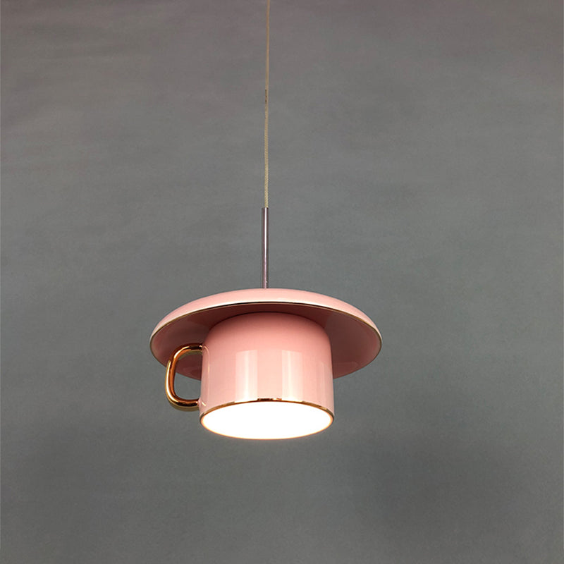 Macaron Ceramic Led Pendant Lamp - Coffee-Cup Shape Down Lighting 1 Bulb White/Pink/Grey Designs For