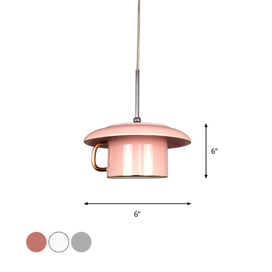 Macaron Ceramic Led Pendant Lamp - Coffee-Cup Shape Down Lighting 1 Bulb White/Pink/Grey Designs For