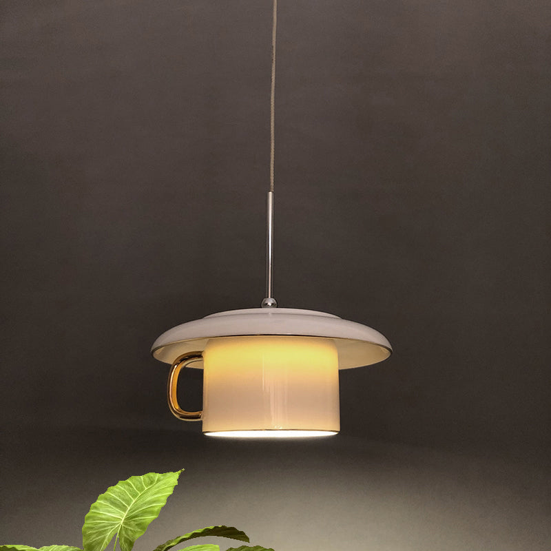 Macaron Ceramic Led Pendant Lamp - Coffee-Cup Shape Down Lighting 1 Bulb White/Pink/Grey Designs For