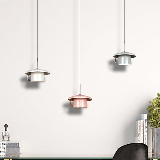 Modern Macaron Coffee-Cup Design Led Suspension Lamp In White/Pink/Grey