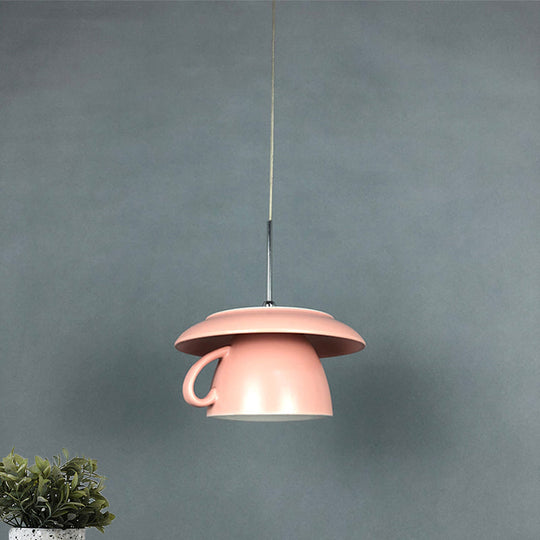 1-Light Macaron Pink/Grey/Green Restaurant Pendant Lamp With Ceramic Coffee Cup Shade Led Hanging