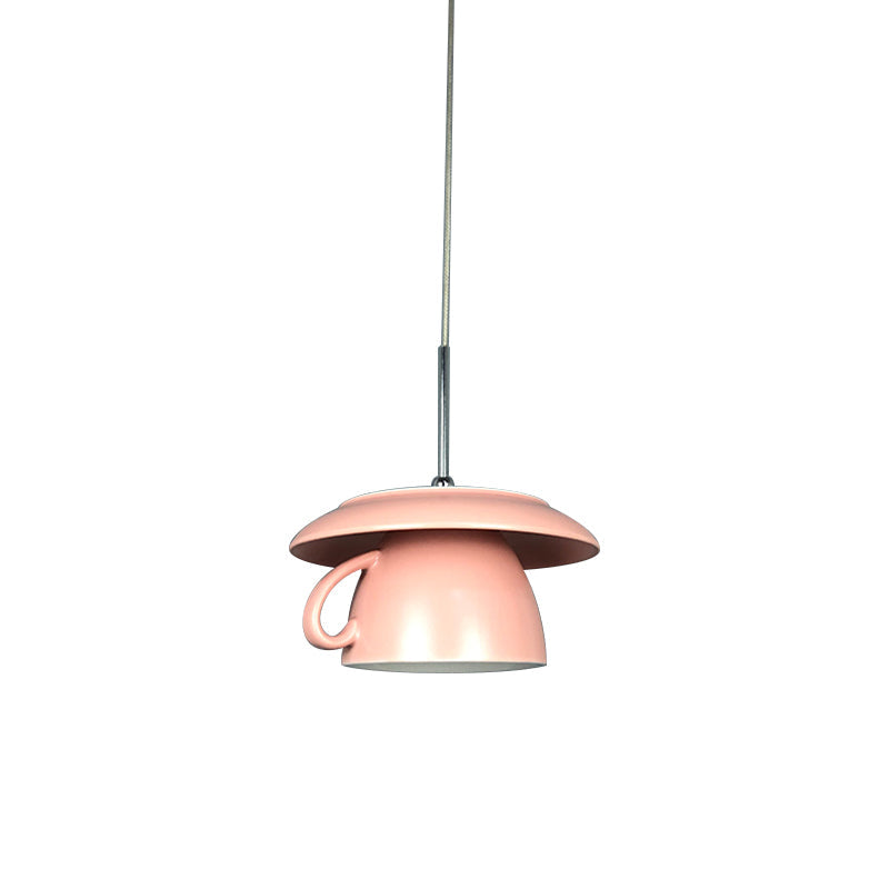 Macaron Pink/Grey/Green Led Pendant Lamp With Coffee Cup Ceramics Shade - Perfect For Restaurants
