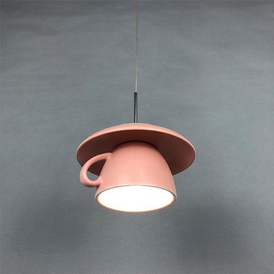 1-Light Macaron Pink/Grey/Green Restaurant Pendant Lamp With Ceramic Coffee Cup Shade Led Hanging
