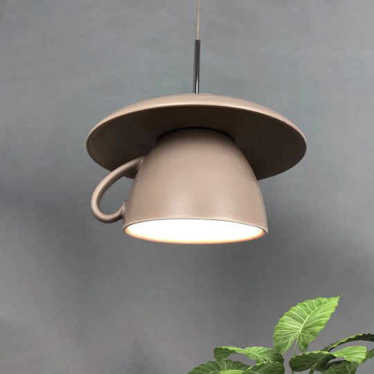 1-Light Macaron Pink/Grey/Green Restaurant Pendant Lamp With Ceramic Coffee Cup Shade Led Hanging