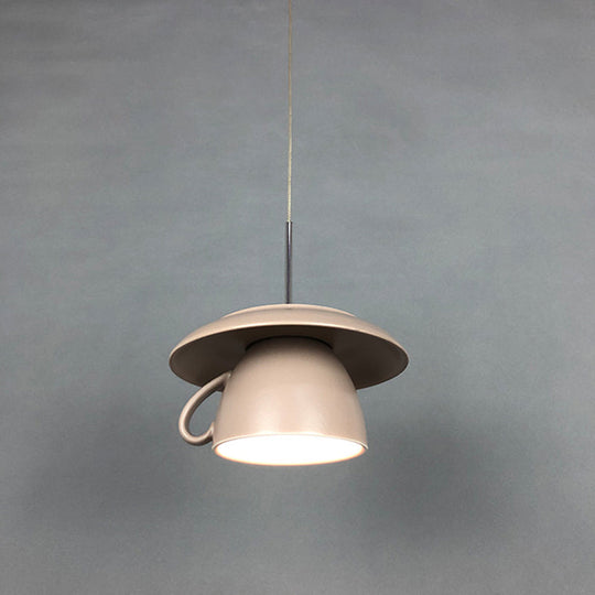 1-Light Macaron Pink/Grey/Green Restaurant Pendant Lamp With Ceramic Coffee Cup Shade Led Hanging