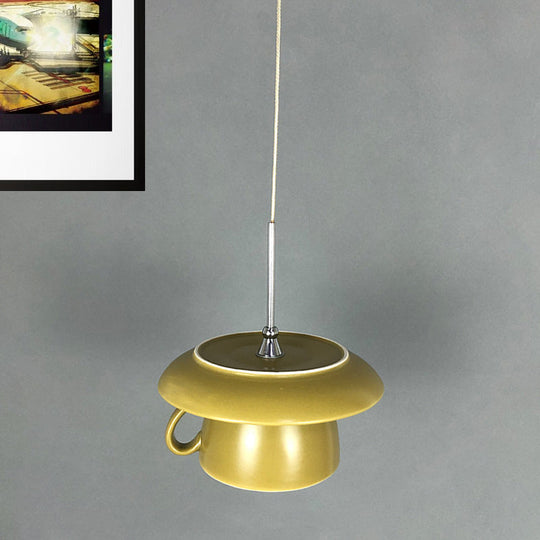 1-Light Macaron Pink/Grey/Green Restaurant Pendant Lamp With Ceramic Coffee Cup Shade Led Hanging