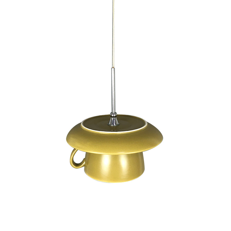 Macaron Pink/Grey/Green Led Pendant Lamp With Coffee Cup Ceramics Shade - Perfect For Restaurants