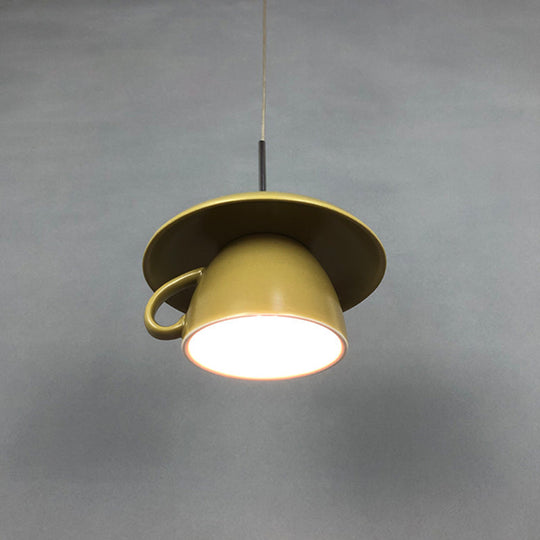 1-Light Macaron Pink/Grey/Green Restaurant Pendant Lamp With Ceramic Coffee Cup Shade Led Hanging