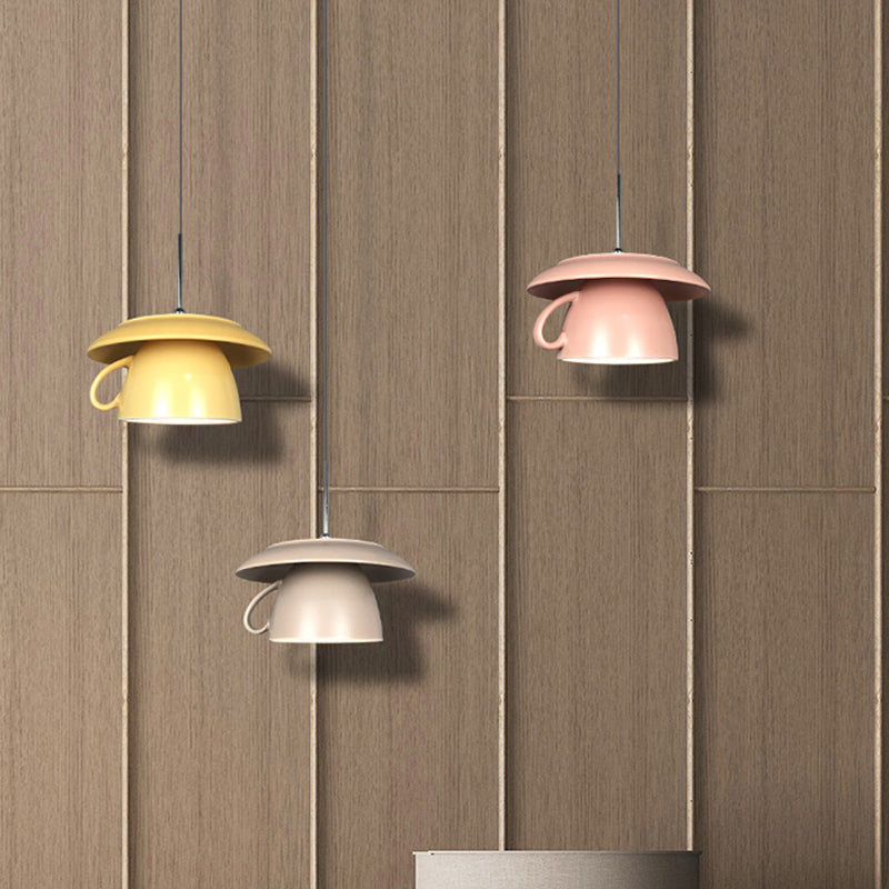 1-Light Macaron Pink/Grey/Green Restaurant Pendant Lamp With Ceramic Coffee Cup Shade Led Hanging