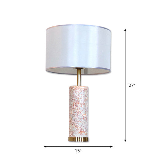 Modern White Fabric Drum Table Light With Agate Red Marble Base - 1 Head Night Lamp