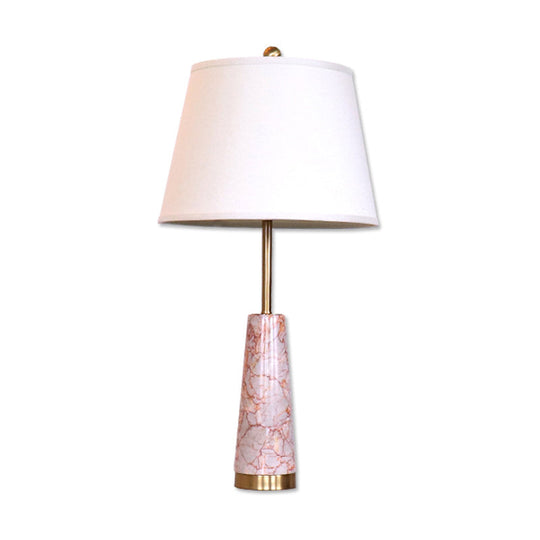 Modernist Marble Cone Nightstand Lamp With Red 1-Head And White Fabric Shade