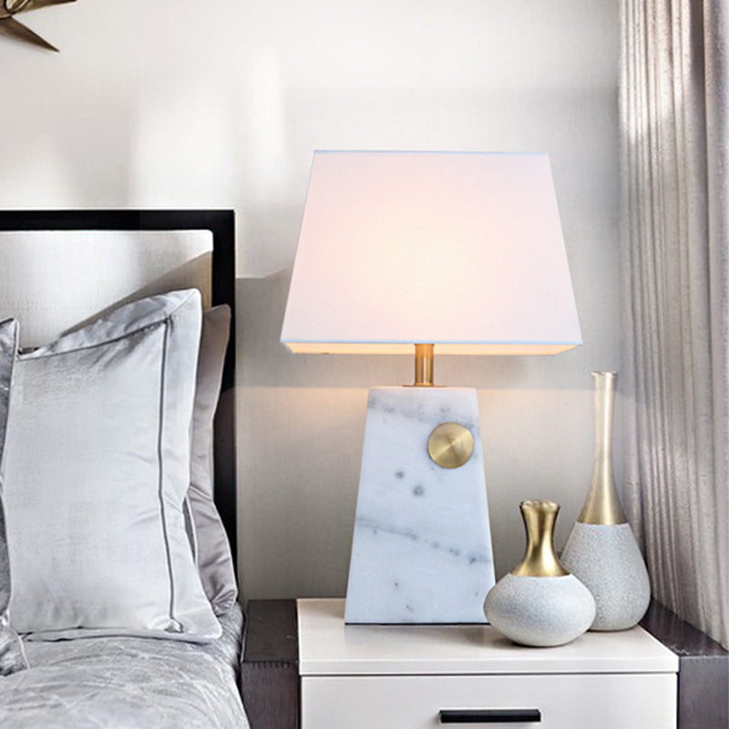 Modern White Trapezoid Night Table Lamp With Marble Base And Fabric Shade