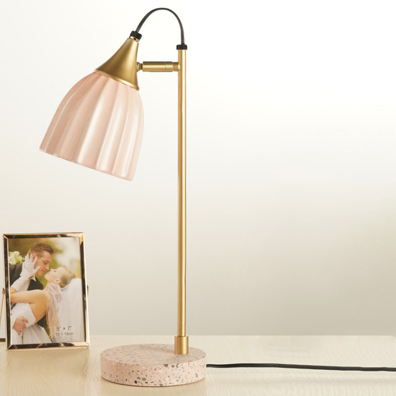 Modern Ribbed Table Lamp With Pink/Sky Blue Dome Gold Arm And Marble Base