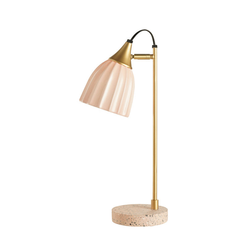 Modern Ribbed Table Lamp With Pink/Sky Blue Dome Gold Arm And Marble Base