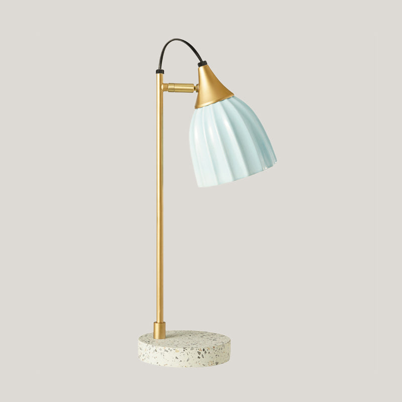 Modern Ribbed Table Lamp With Pink/Sky Blue Dome Gold Arm And Marble Base