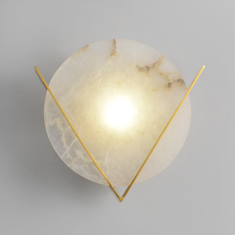 Post-Modern Round Panel Wall Light Sconce - Marble Bedside Lamp Fixture With Brass V Deco
