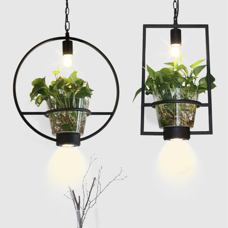 Industrial Cage Drop Pendant With Clear Glass Plant Pot - Black Iron And Down Lighting