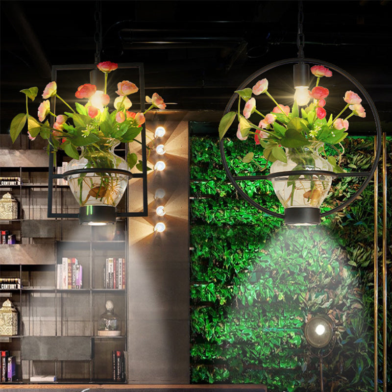 Black Industrial Iron Pendant With Clear Glass Plant Pot: 1 Light Down Lighting Cage Design